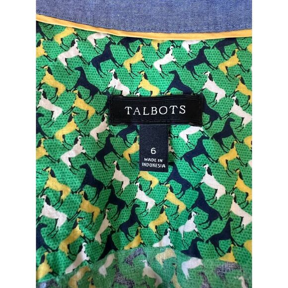 Talbots Womens Top Shirt Size 6 Green Horse Print Roll Tab Sleeve EUC - Picture 5 of 8